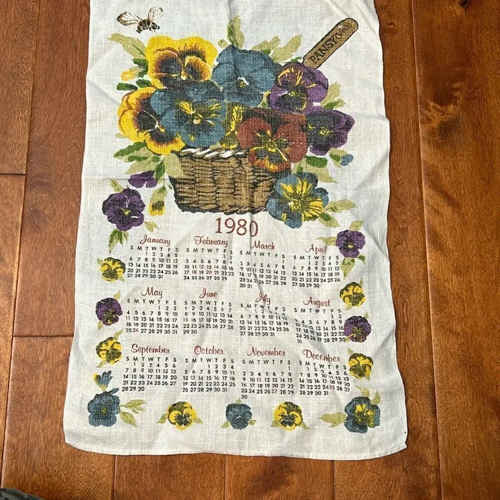 Vintage 1980 calendar with pansies tea towel